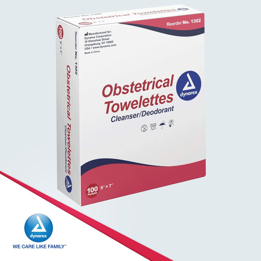 Dynarex 5 x 7" Obstetrical Towelettes - Benzalkonium Chloride Wipes with 5% Alcohol - Pre-Moistened, Scented & Individually Wrapped Sanitizing Wipes - 1 Box of 100 Wipes