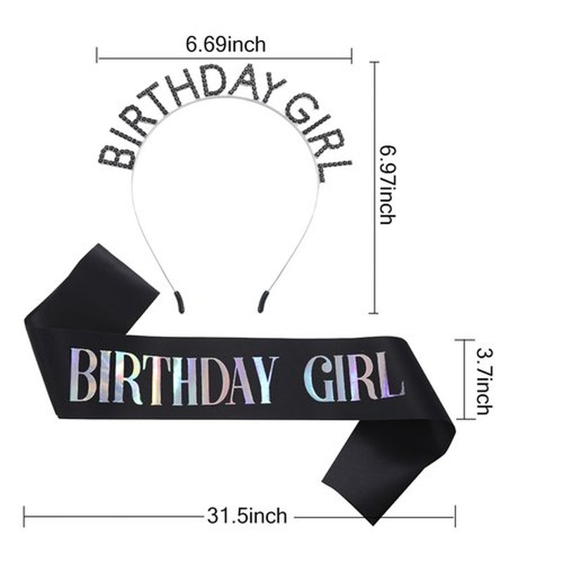 MGJSRNH Birthday Party Gift for Girls,Black Satin Silver Multicolour Iridescence Glitter Sash Decorations Supplies,Rhinestone Crowns Birthday Girl Headband for Women