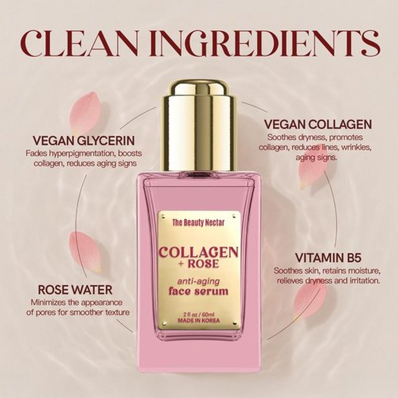 The Beauty Nectar Collagen Face Serum with Rose – Firms Skin, Boosts Hydration, Soothes Dryness – Dermatologist Tested, Anti-Aging, Korean Skin Care – Clean Vegan Formula for Sensitive Skin – 2 Fl Oz