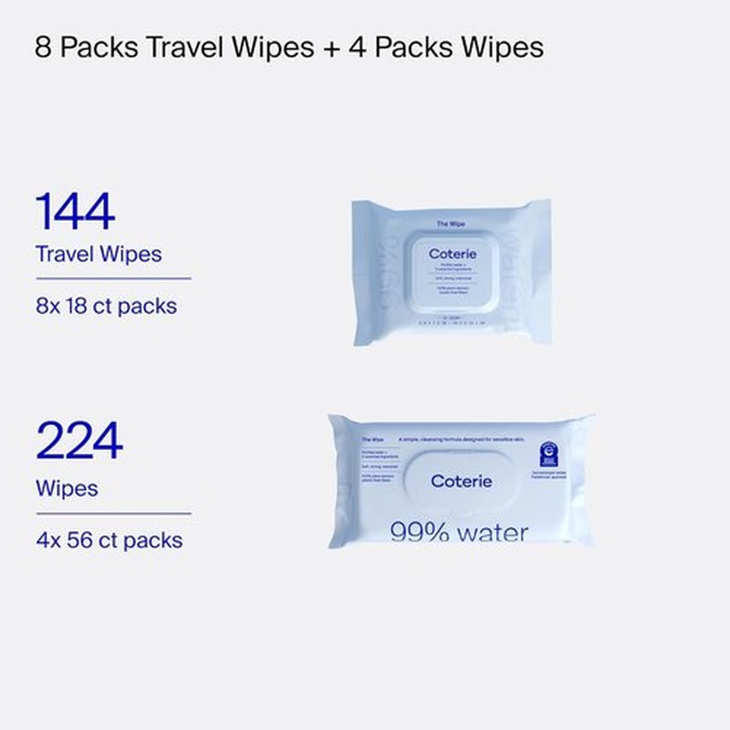 Coterie Baby Wipes - Hypoallergenic & Plant-Based for Sensitive Skin | 4 Standard & 8 Travel Packs