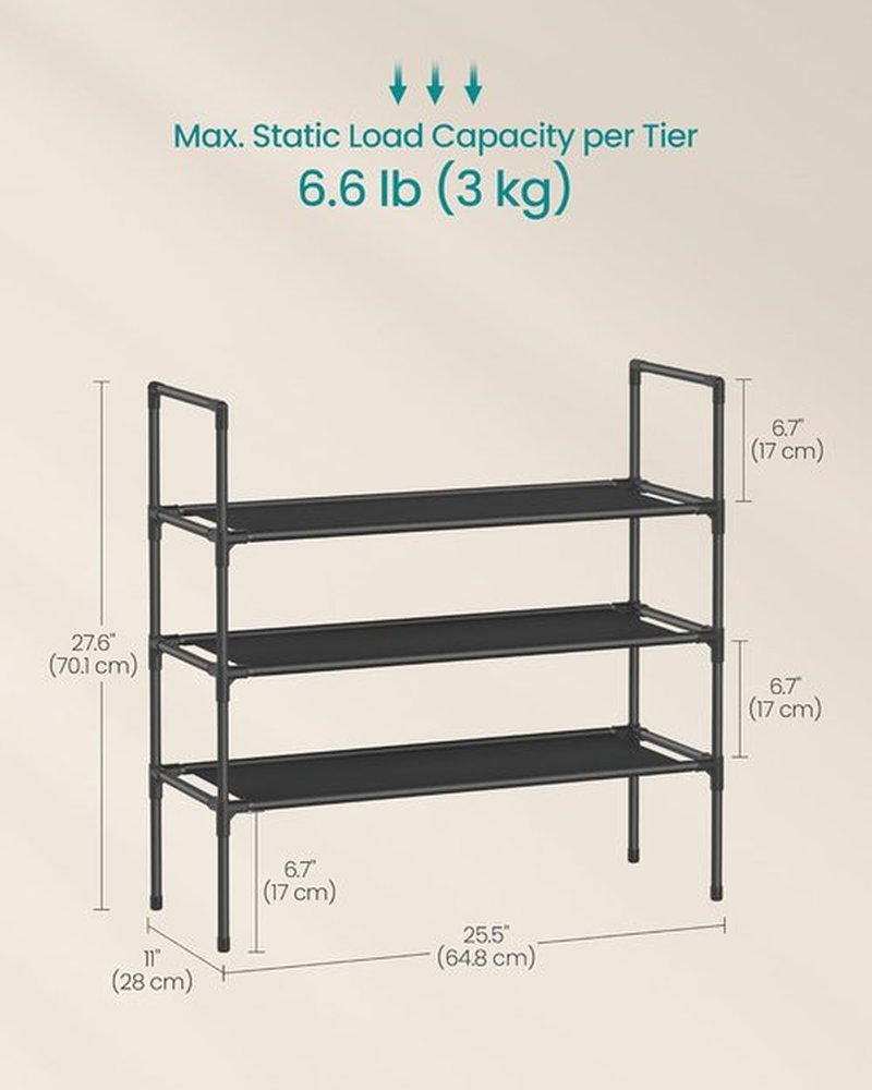 SONGMICS 3-Tier Shoe Rack - Slim Space-Saving Storage for Hallway | Metal Frame, Black Non-Woven Shelves