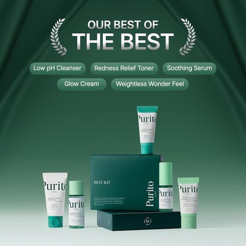 PURITO SEOUL Best Kit - Skincare Routine with Panthenol Cleanser & Cream, Unscented Centella Serum & Toner, For All Skin Types, Gift Set, For Face, Facial Serum, K-Beauty, 3.52 fl. oz.