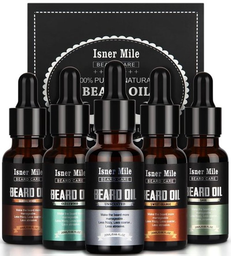 ISNER MILE Beard Oil Kit - 5 Pack Sandalwood, Orange, Cedarwood, Sage | Perfect Beard Care Gifts for Men