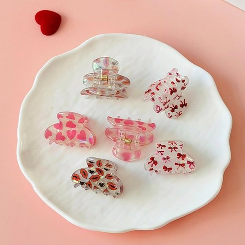 Mini Valentines Hair Claw Clips with Heart,Bow and Lips Design Acrylic Non-Slip Claw Hair Clips Reusable Cute Clip for Hair for Women Girls Valentine's Day Accessories 6 Pcs