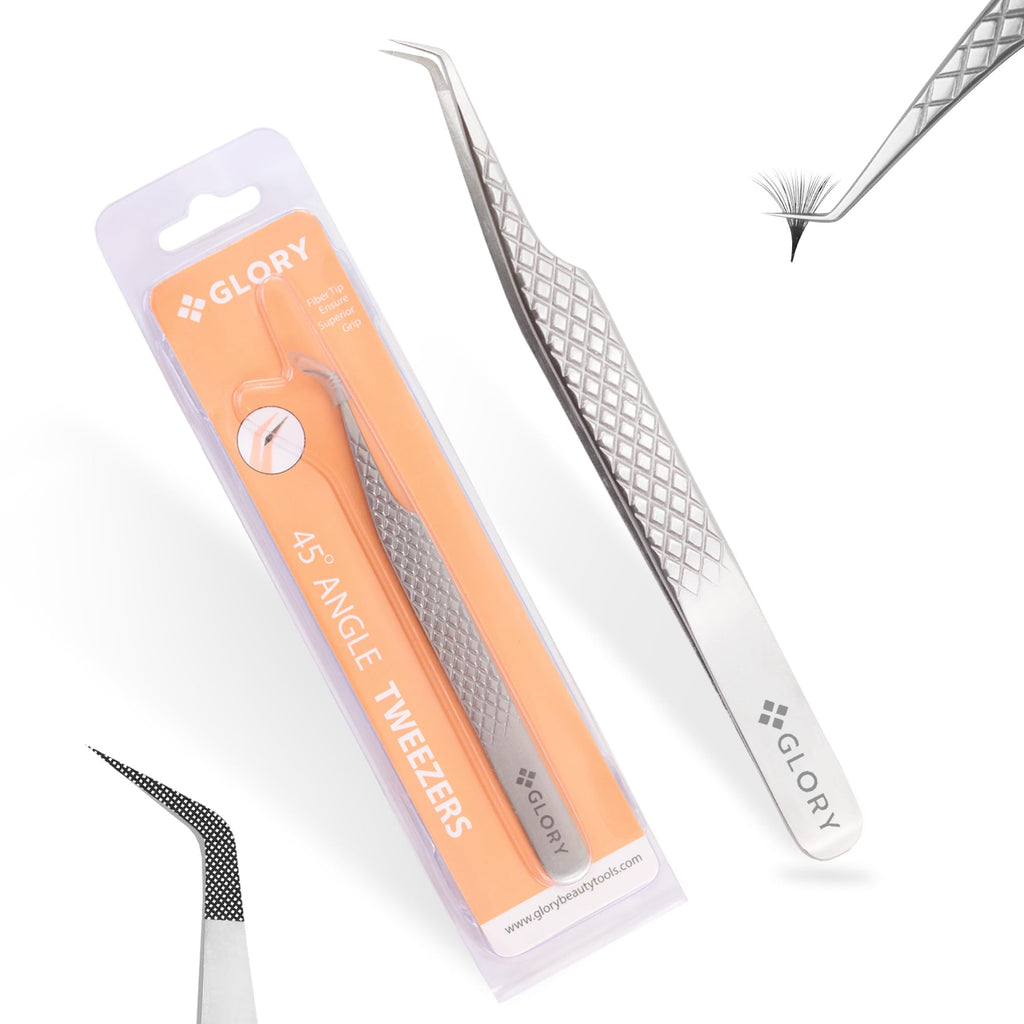 Glory Professional Angled Fiber Tip Eyelash Tweezers for Volume & Mega Volume, Diamond Grip Stainless Steel Precision Lash Extension Tweezers