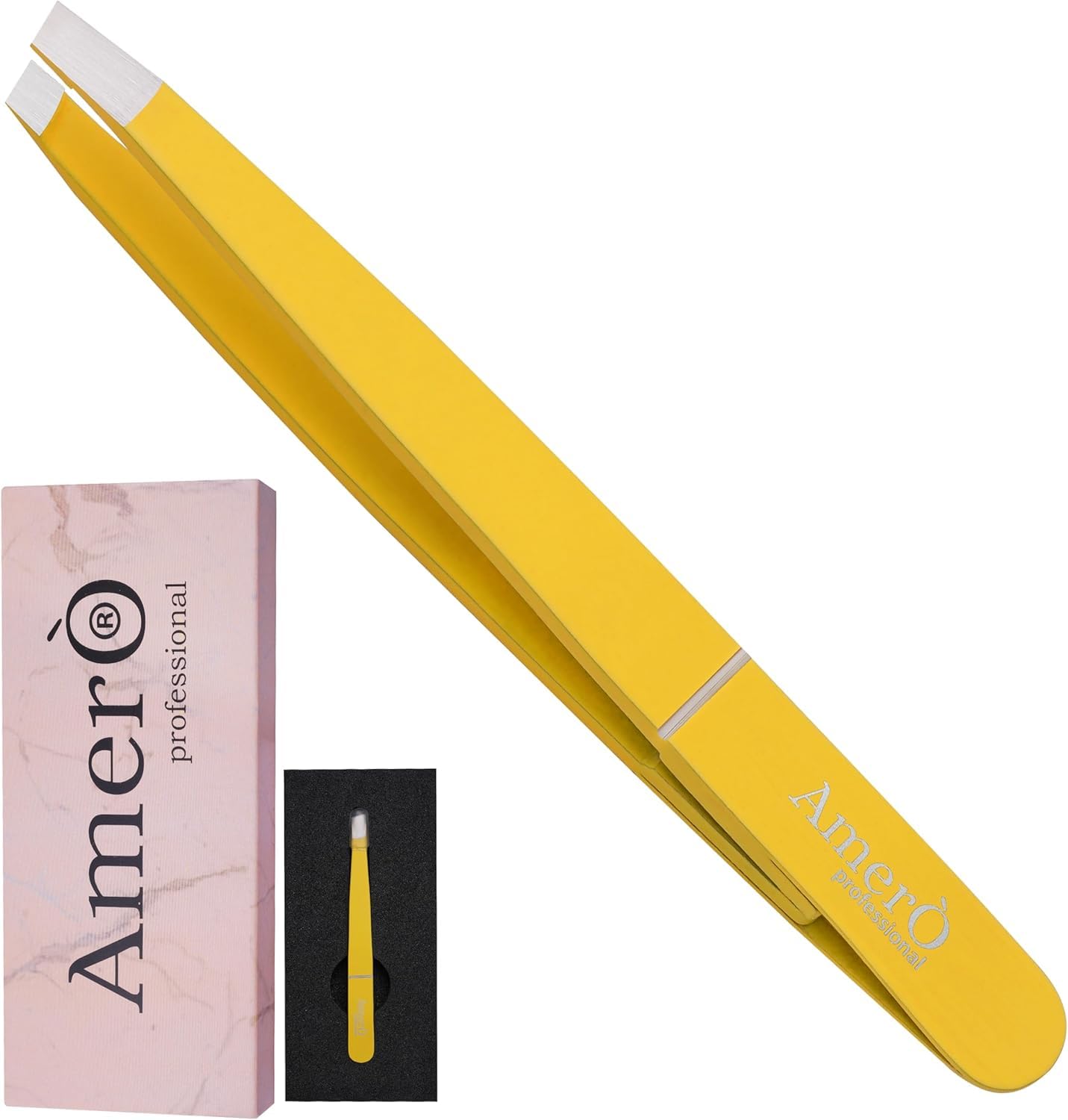 Professional Stainless Steel Eyebrow Tweezers for Women & Men – Precision Slant Tip Hair Removal Tool for Eyebrows, Facial Hair & Ingrown Hairs – Durable, Non-Slip Grip (Yellow)