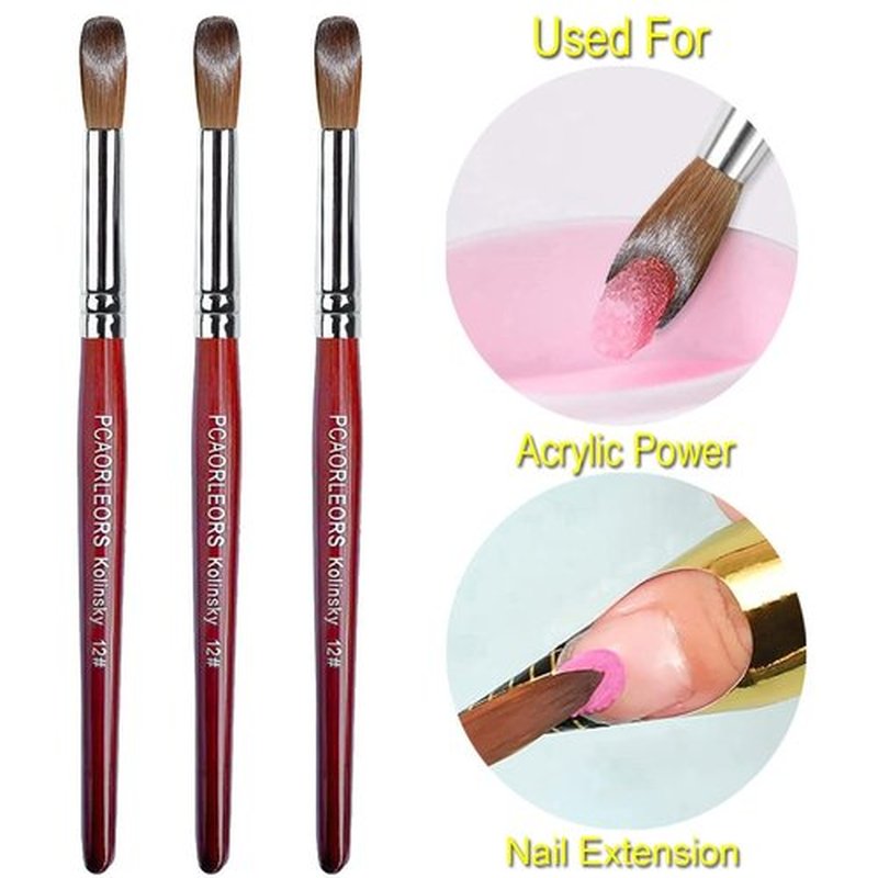 PCUORLEORS Acrylic Nail Brush with Pure Kolinsky Sable Hair and Red Wood Hand, Round/Flat Professional Gel Brush for Acrylic Power and Nail Extension Size #8,10,12 (2Pack(#12))