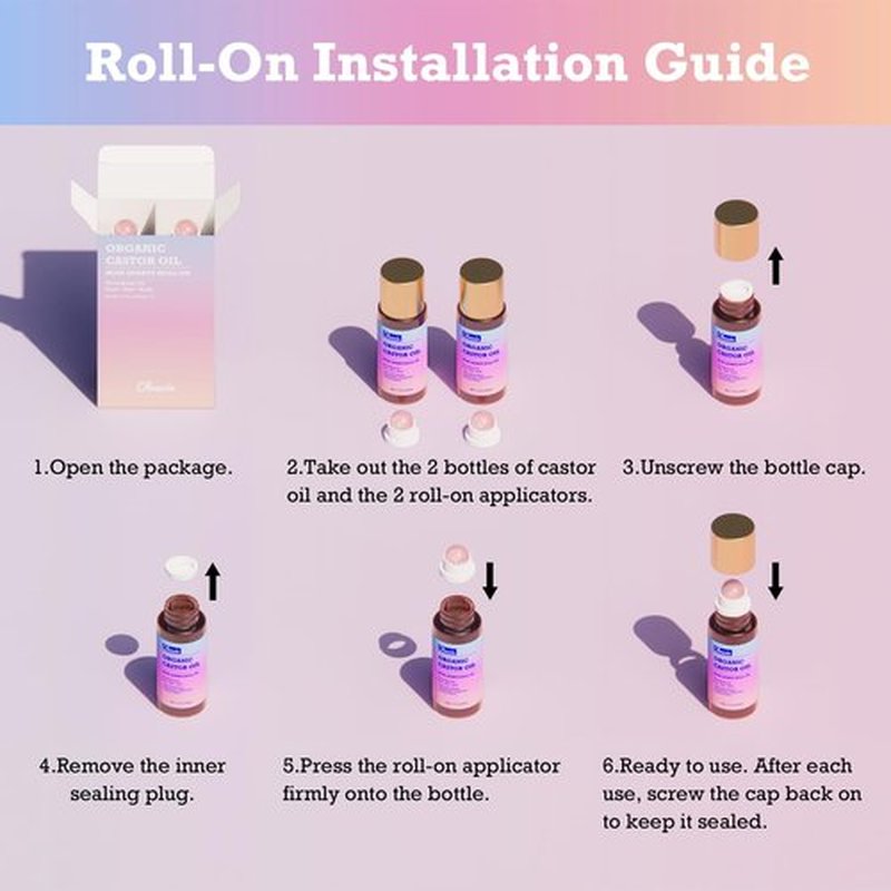 Olvaxin Organic Castor Oil Roll-On with Rose Quartz - 2 Pack x 1.7 fl oz(50mL) | Brown Glass Bottle, Cold Pressed, Hexane Free, Unrefined | Nourishing Oil for Face, Hair and Body