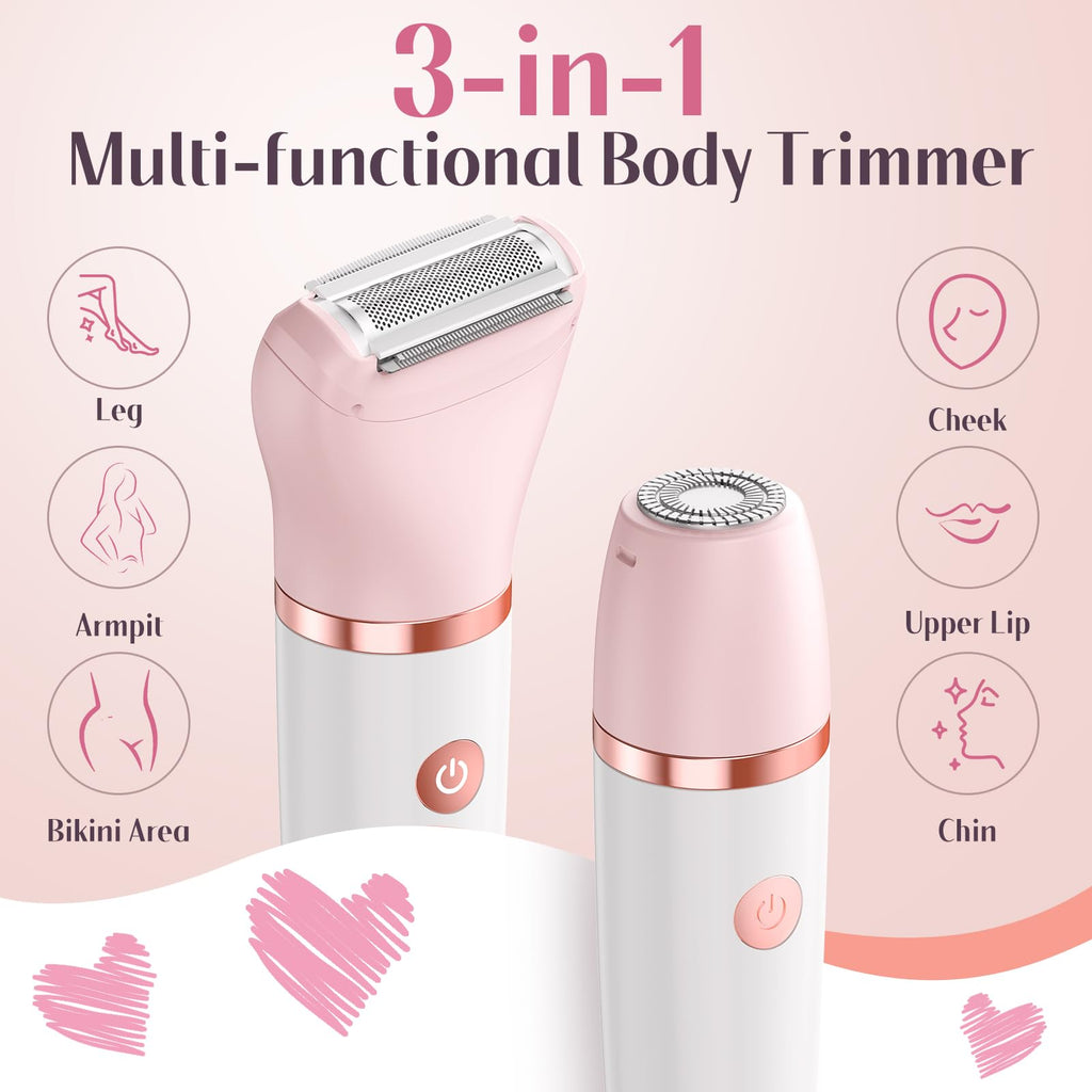 Bikini Trimmer for Women - 3 in 1Electric Razors for Silk Skin, Cordless Pubic Hair Trimmer, Replaceable Lady Shavers Kit, Bikini Shaver for Legs Body Hair, IPX7 Waterproof, White