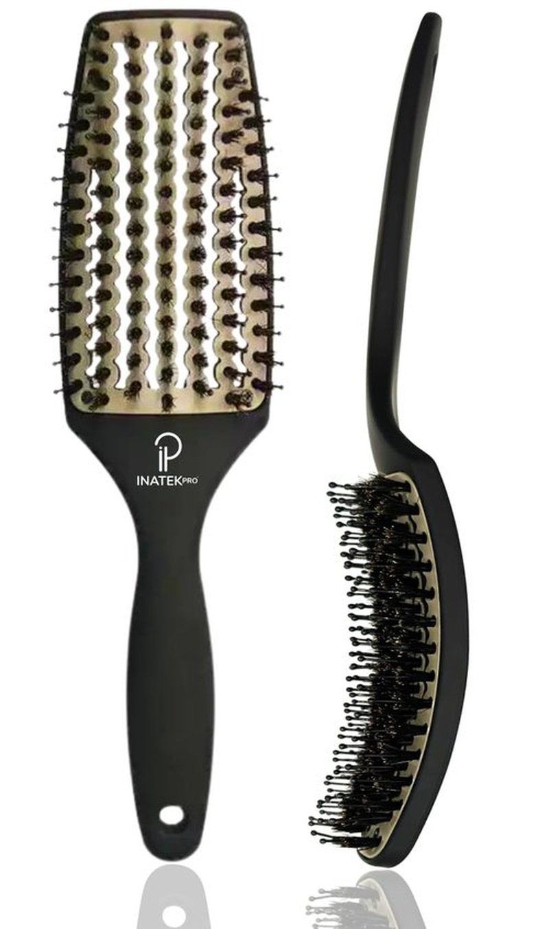 Inatekpro Curved Vented for Blow Drying - Boar Bristle Brush (Medium) with Comfortable Handle - Soft Bristle Brush for Thick and Fine Hair - Natural Boar Bristles for Women, Men & Kids - Grey