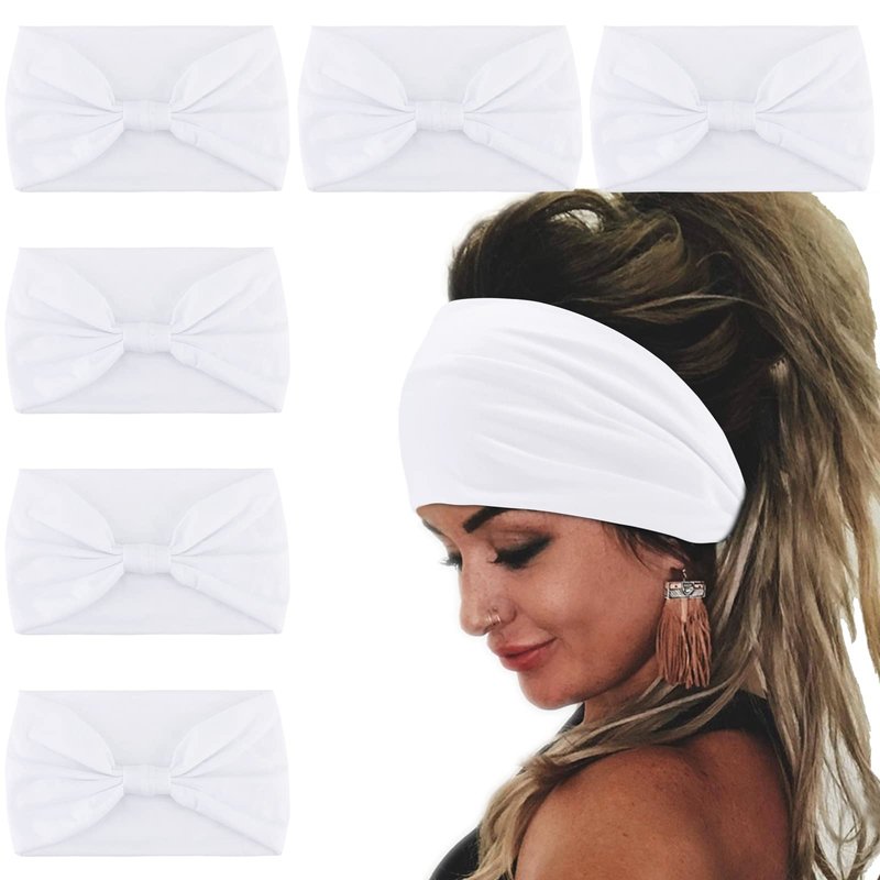 Wecoe 6 Pack White Headbands for Women Wide Elastic Knotted Headbands Fashion African Head Wraps For Wigs Sports Running Workout Yoga Hairbands Halloween Hair Accessories For Women