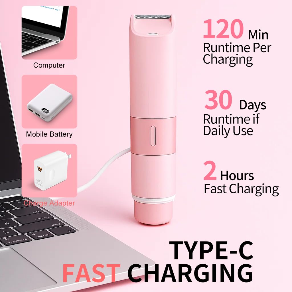 Bikini Trimmer for Women - 2 in 1 Electric Razors for Women Painless IPX7 Waterproof Rechargeable LED Dual Head Electric Shaver for Lady Bikini Underarm, Body, Leg, Face Hair Remove (Pink)