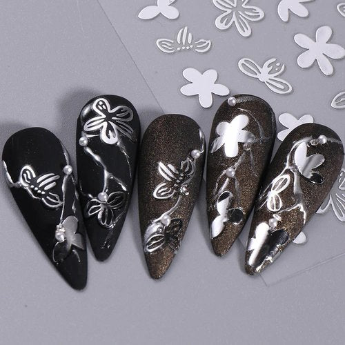 8 Sheets Flower Leaf Nail Stickers - 3D Self-Adhesive Metal Flower Nail Decals in Gold, Silver & Rose Gold - Floral Nail Designs with Retro Petal Leaves - Perfect for Women's Manicure Decoration