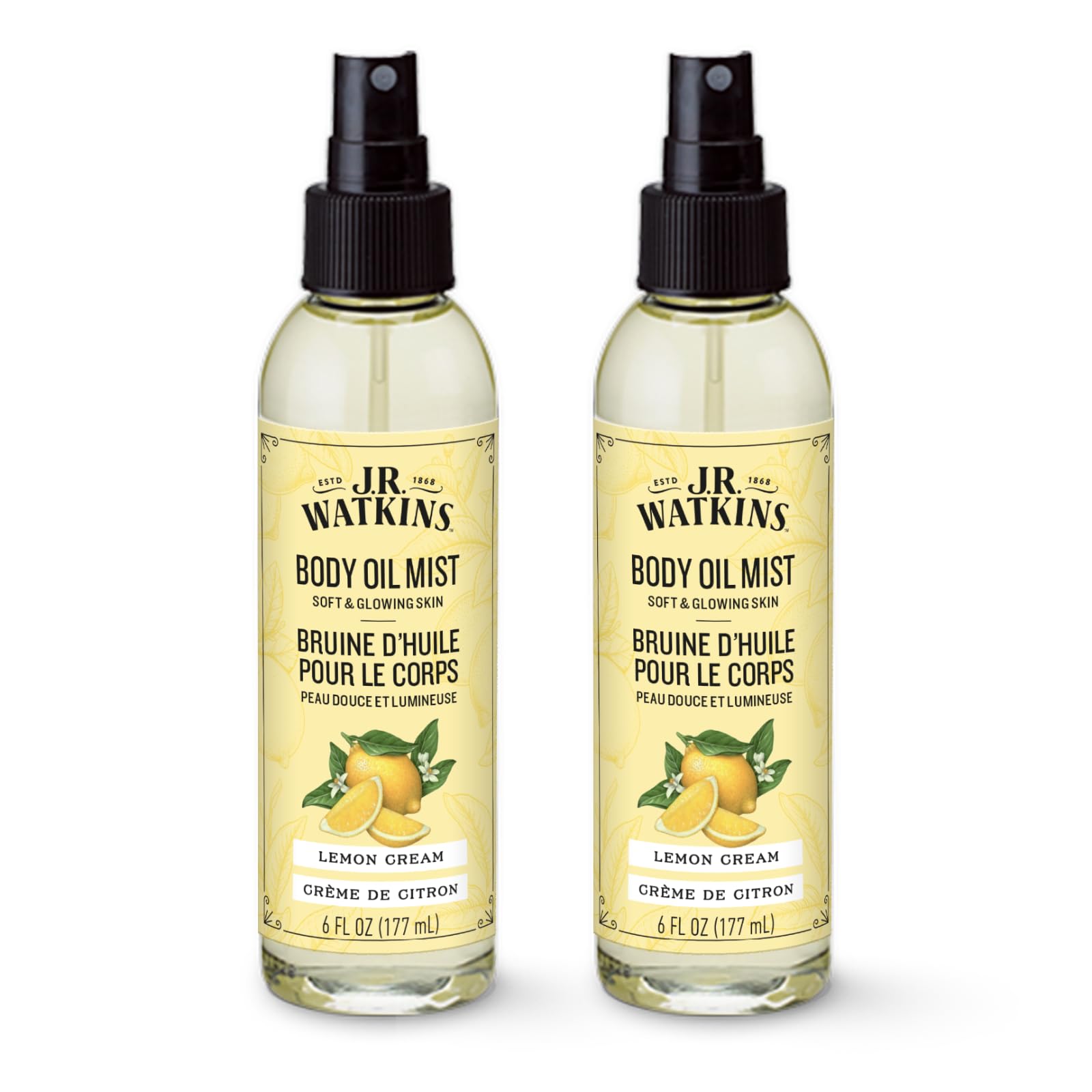 J.R. Watkins Naturally Hydrating Body Oil Mist, Lemon Cream, 6 fl oz, 2 Pack
