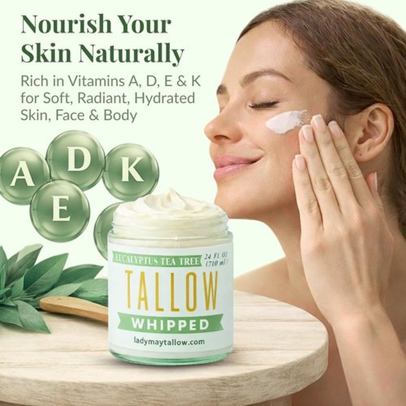Lady May Tallow Whipped Tallow 24oz - All Natural Face Cream + Whole Body Moisturizer for Dry Skin - Made With Eucalyptus Oil - No Preservatives, Parabens or Seed Oils -USA Made (Eucalyptus Tea Tree)