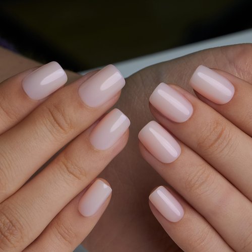 CurvLife Soft Gel Press On Nails Short, 30Pcs Square Nude Sheer Pink Fake Nails, Reusable Glue On Nail Kit with Adhesive Tabs, Natural Fit Salon-Quality Stick On Nails for Women