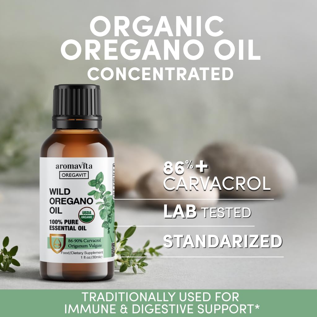 AROMAVITA Wild Oregano Oil Organic - 100% Pure Undiluted Organic Wild Oregano Oil with 86-90% Carvacrol, Immune Support - Plant-Based, Herbal Supplement - Vegan, Non GMO, Gluten Free, 1fl.oz/30ml