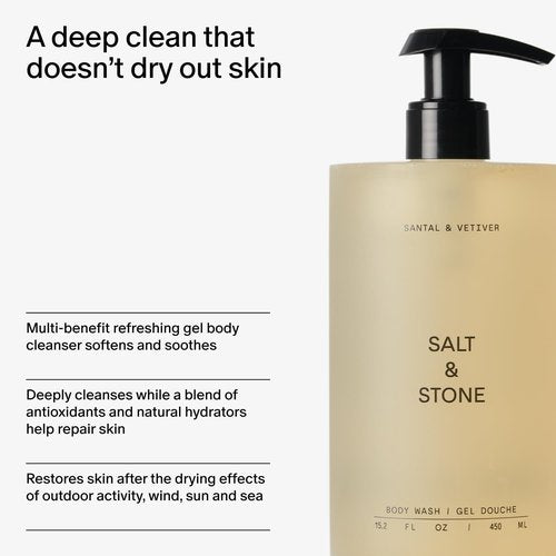 Salt & Stone Body Wash - Antioxidant-Rich Formula for Deep Moisture | Unisex, Sulfate & Paraben Free | Santal & Vetiver, 15.2 fl oz