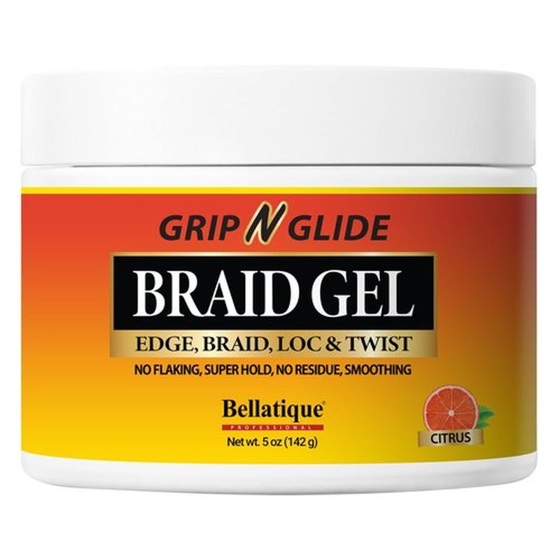 BELLATIQUE GRIP N GLIDE Braiding Gel Maximum Hold for LOC & Twist - No Flaking, No Whitening, Fast Drying, High Shine, Cool & Refreshing, Long Lasting Hold (5 oz)