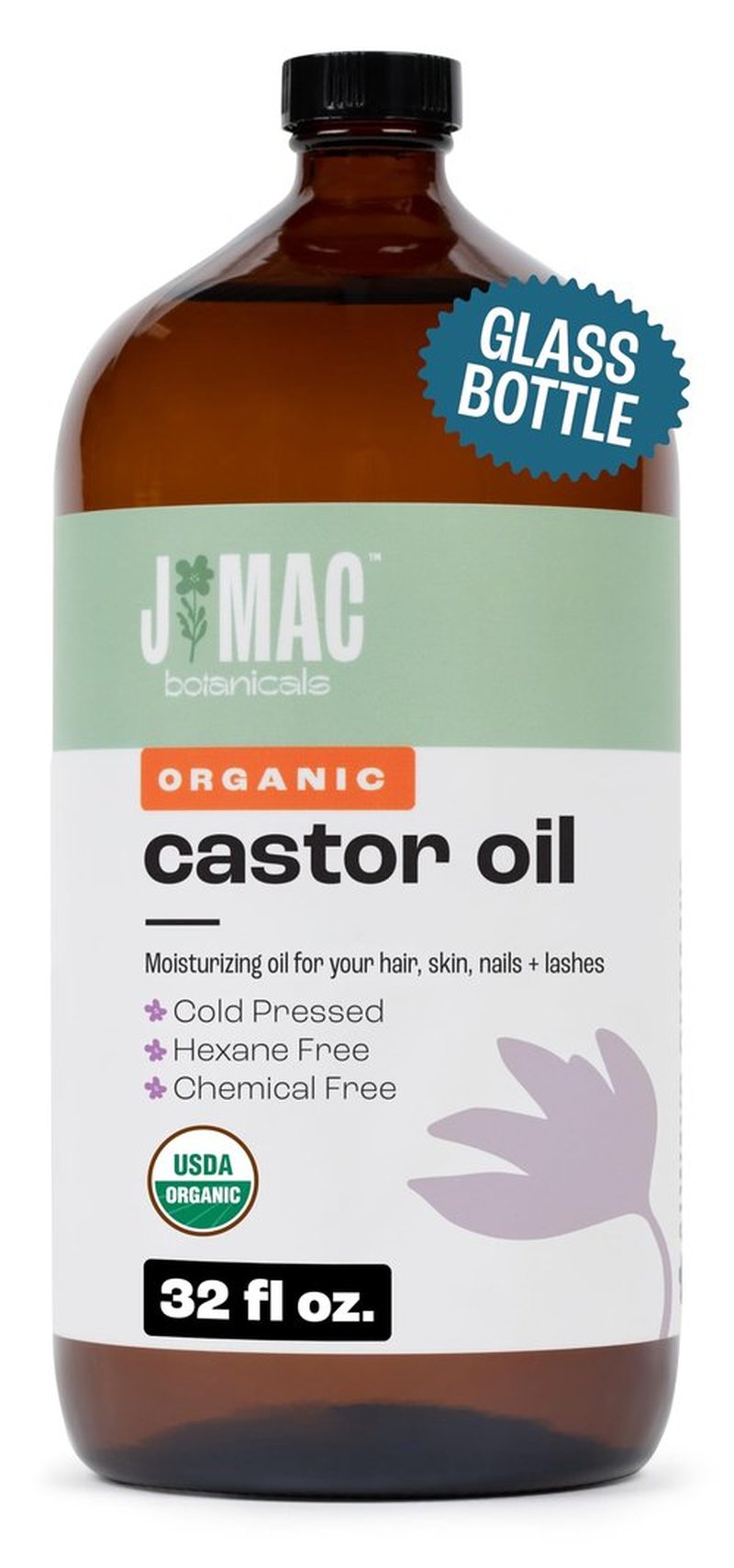 J MAC BOTANICALS, Organic Castor Oil Cold Pressed (Glass Bottle, 32 oz) pure unrefined, hexane free for face, skin, eyelashes, pack wraps, pads