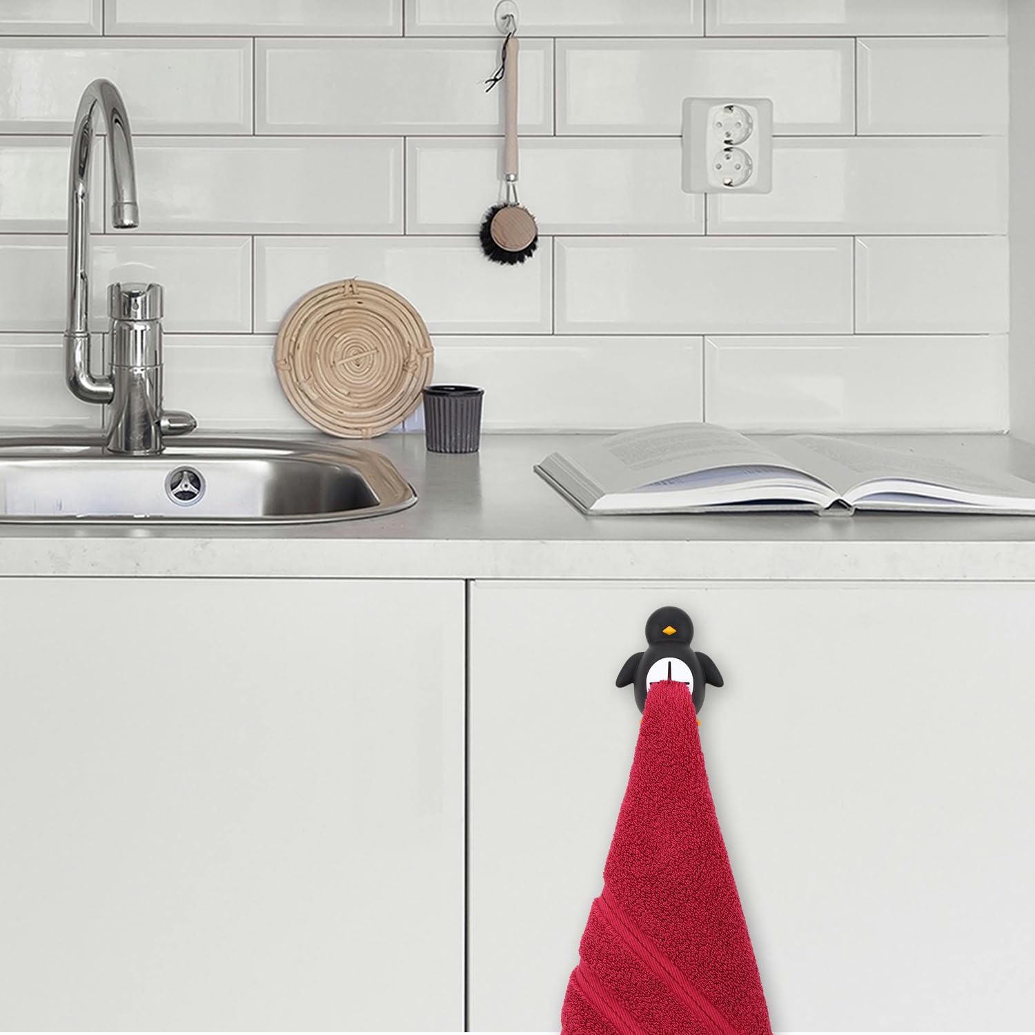 Funny Penguin Kitchen Towel Self Adhesive Silicone Hooks Holder, Appreciation Christmas Gifts for Women Men Wife Friend Sister, Holder for Kitchen Garages RV Camper Cabinet Towel Hooks-DXGP01