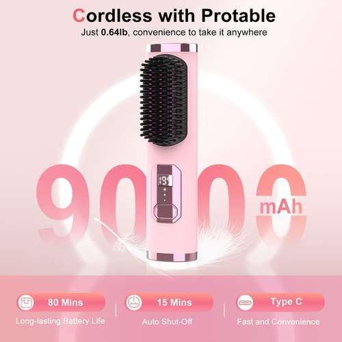 Cordless Hair Straightener Brush, Portable 500 Million Ions Smooth Straightening Brush, Rechargeable 4-IN-1 Go Brush, MCH Fast Heating, 5D Dense Bristles, LED Display, Anti-Scald for Women Home Travel