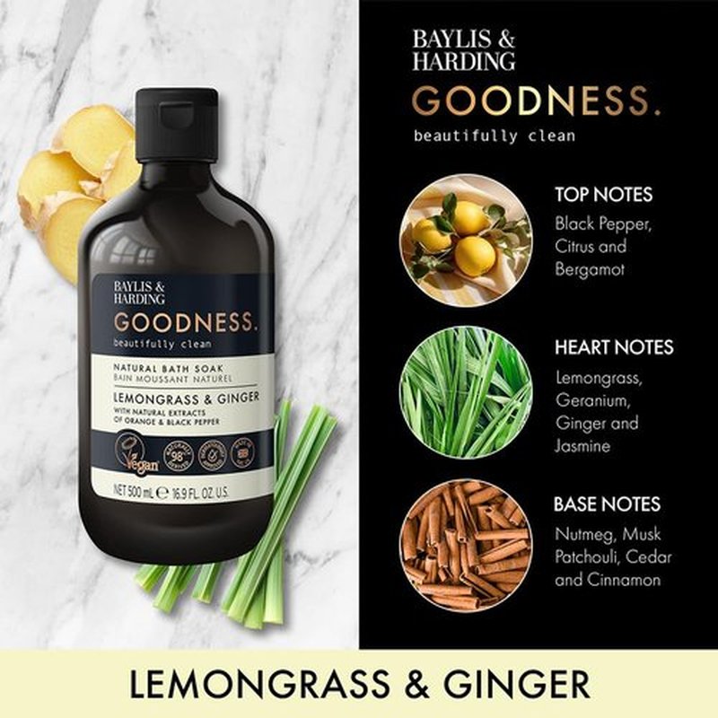 Baylis & Harding Goodness Bubble Bath - Lemongrass & Ginger | Vegan-Friendly, Biodegradable, 16.9 fl. oz (Pack of 3)