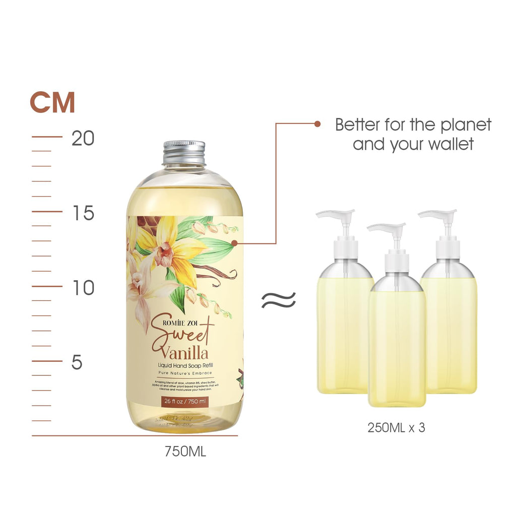 ROMIIE ZOI Liquid Hand Soap Refill Gift Set, Sweet Vanille, 3 Pack (26 Fl Oz Each), Plant-Based, Biodegradable & Gentle Formula for Daily Use in Kitchen, Bathroom