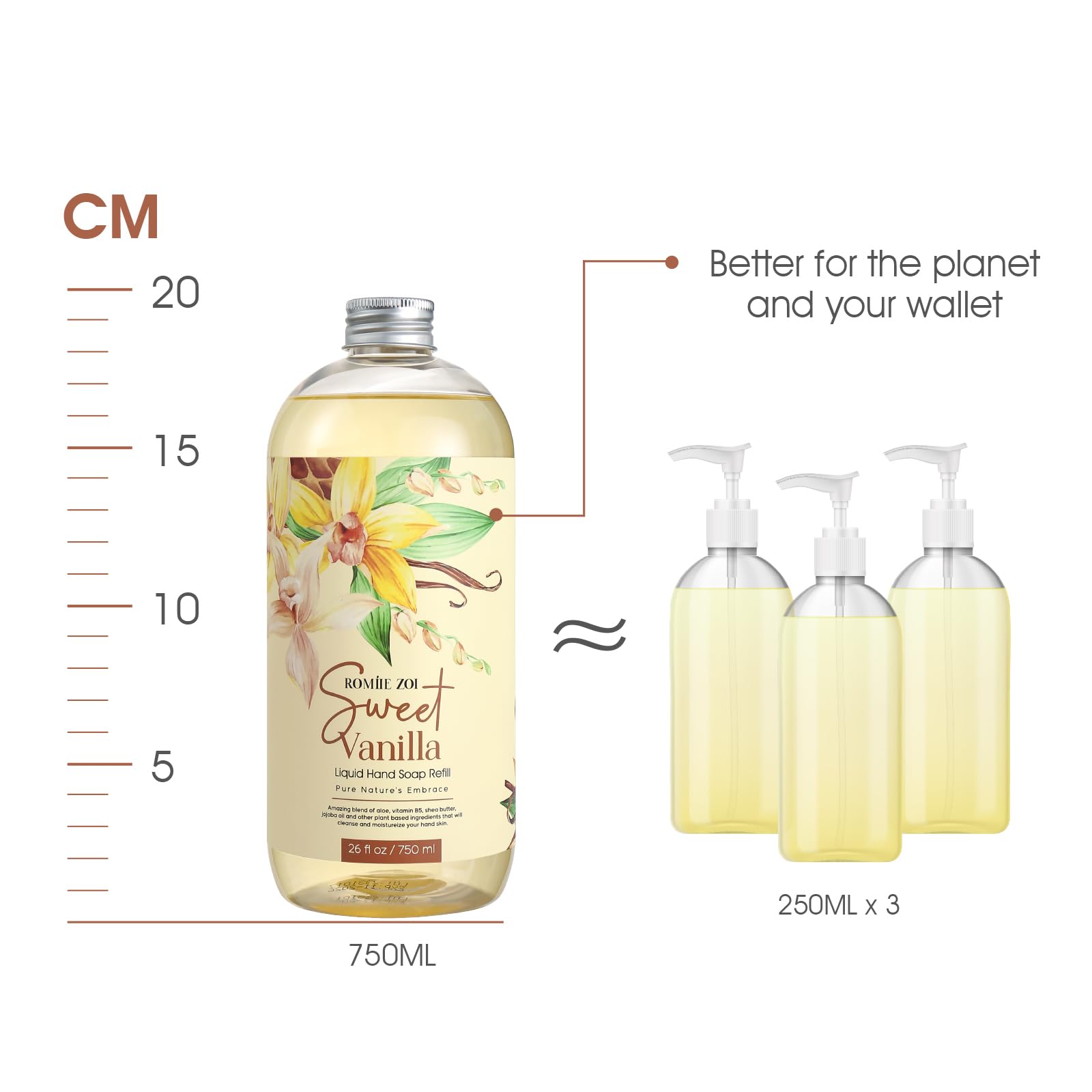 ROMIIE ZOI Liquid Hand Soap Refill Gift Set, Sweet Vanille, 3 Pack (26 Fl Oz Each), Plant-Based, Biodegradable & Gentle Formula for Daily Use in Kitchen, Bathroom