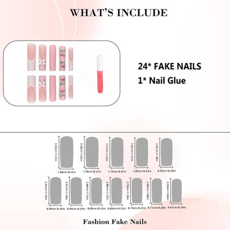 IMRAIN Press on Nails Extra Long Square Fake Nails Pink Cherry Charms False Nails with Designs French Tips Matte Full Cover Bow Flower Cute Stick on Nails for Women 24Pcs
