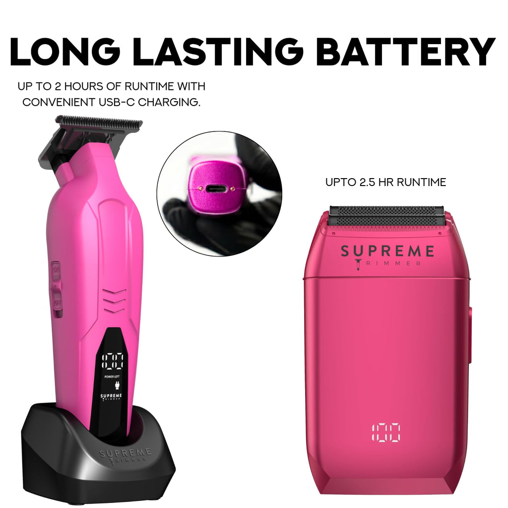 Supreme Trimmer Vader Trimmer & Crunch Foil Shaver Barber Haircutting Kit | Professional DLC T-Blade Beard Trimmer & Waterproof IPX6 Shaver Set | Pink