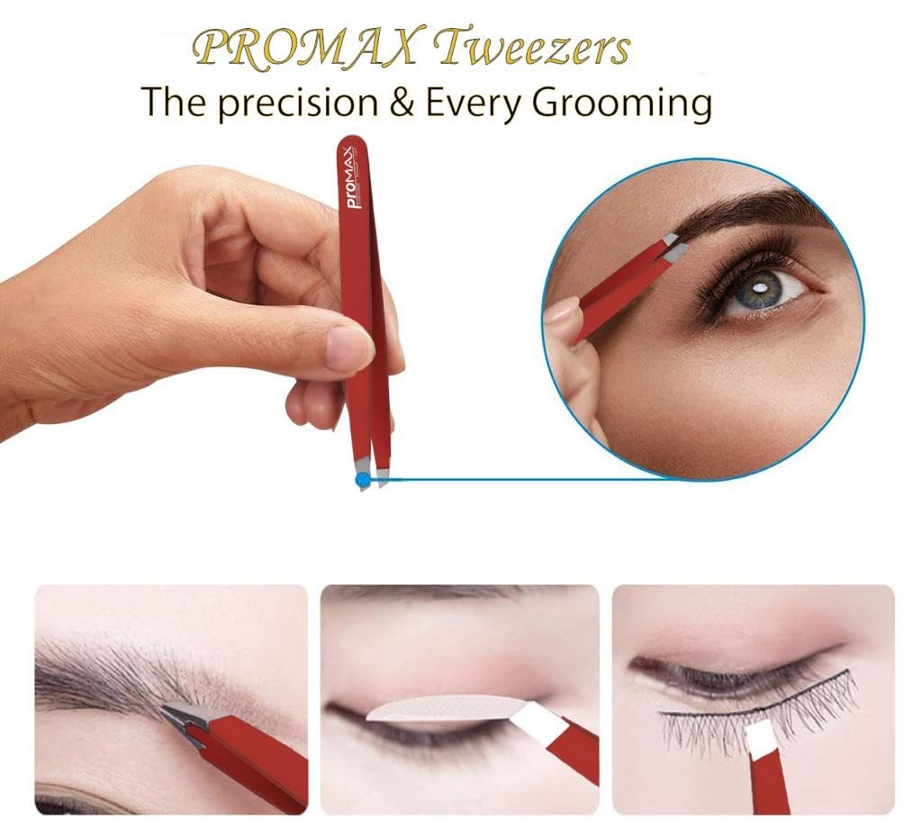 PromaxCare Tweezers Set - Professional Stainless Steel Tweezers for Eyebrows - Great Precision for Facial Hair, Splinter and Ingrown Hair Removal (Red)