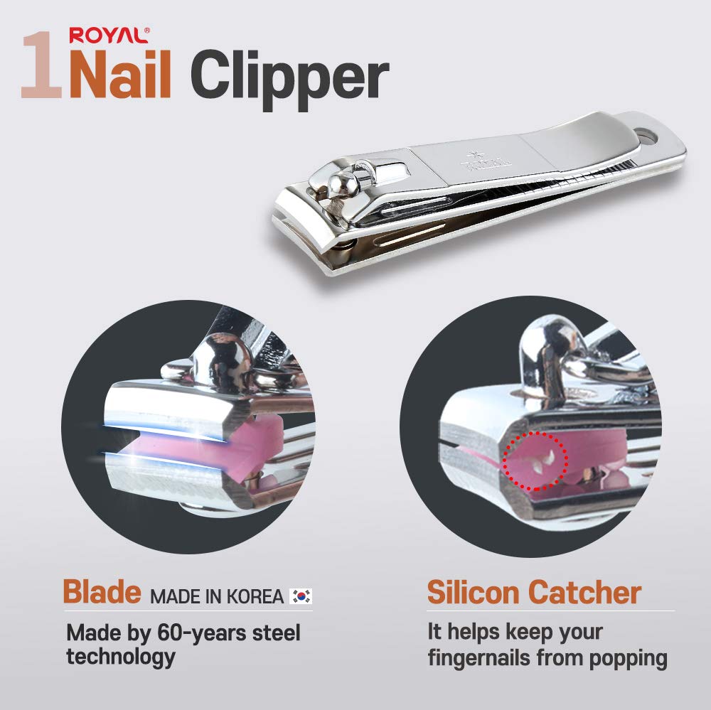 [Made in Korea] ROYAL 5 Pcs Compact Nail Clippers Set-Nail Clipper, Cuticle Remover, Nail File, Mini tweezer, Safety Scissors with Portable case Black