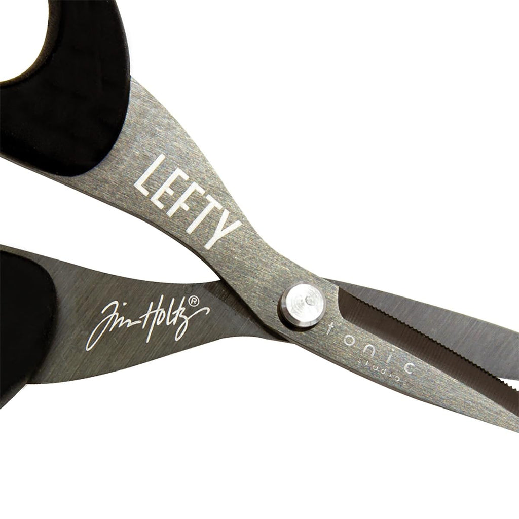 Tim Holtz Left Handed Scissors - 5 Inch Mini Snips with Micro Serrated Blade - Lefty Craft Tool for Cutting Paper, Fabric, and Sewing - Titanium with Black Comfort Grip Handles