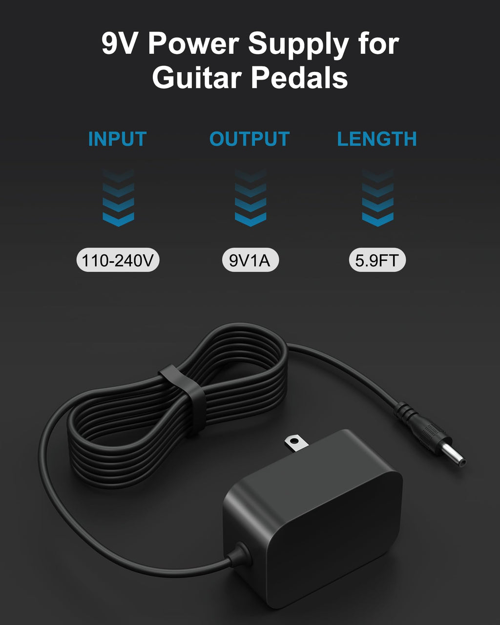 WUKUR 9V Power Supply for Guitar Pedals,Compatible with Boss PSA Adapter 9V DC for Pedals Like ME-80 ME-70 ME-25 GT-100 GT-1 GT-10 BR-80 RC-1 RC-3,5.9FT/1.8M Guitar Pedal Power Cable for Effects