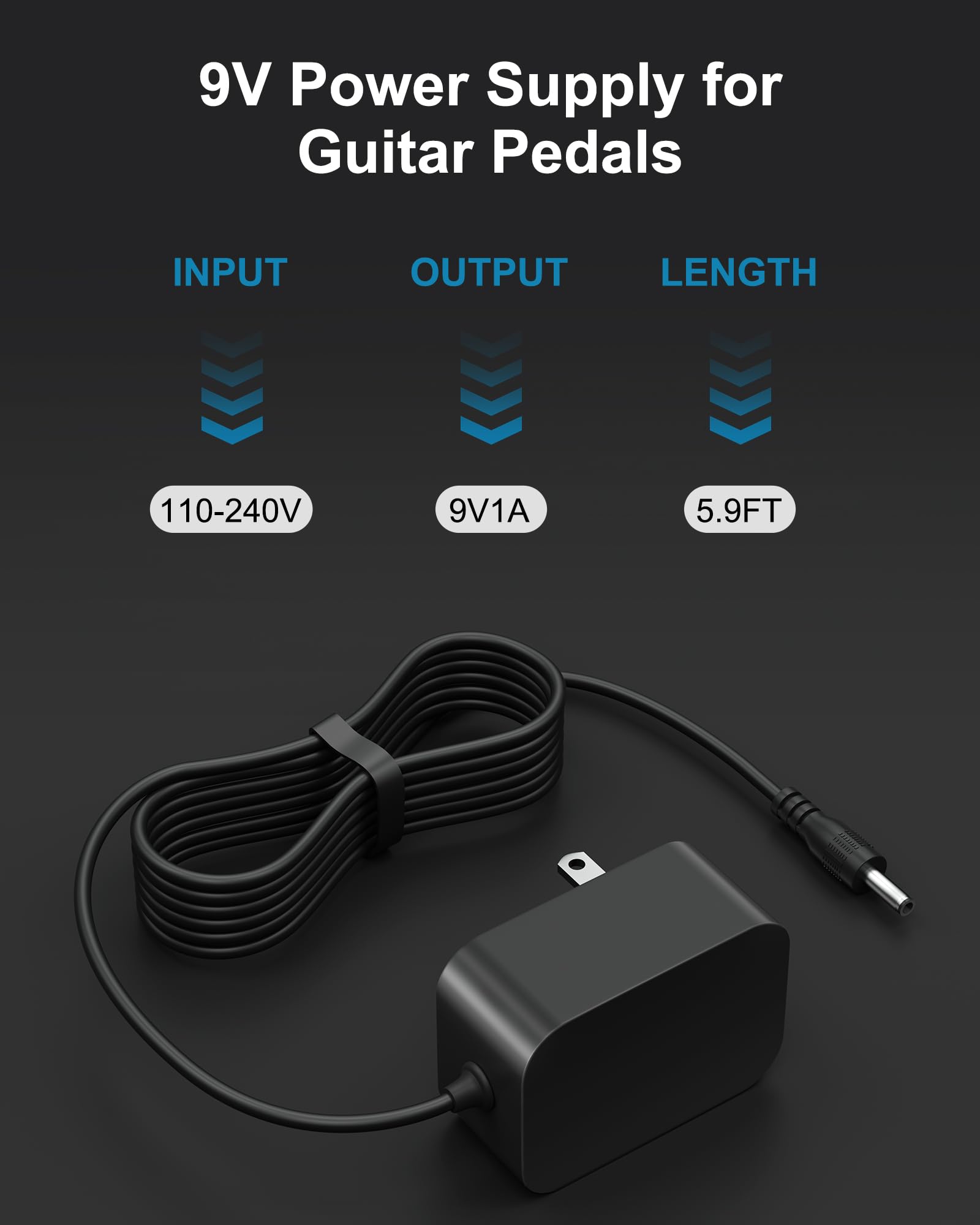 WUKUR 9V Power Supply for Guitar Pedals,Compatible with Boss PSA Adapter 9V DC for Pedals Like ME-80 ME-70 ME-25 GT-100 GT-1 GT-10 BR-80 RC-1 RC-3,5.9FT/1.8M Guitar Pedal Power Cable for Effects