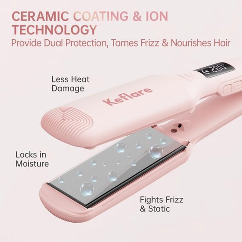 Keflare 1.7-inch Hair Straightener, Fast-Heating Flat Iron with 7 Adjustable Temperature Settings and Dual Voltage Auto-Adjustment, Suitable for Home and Global Travel