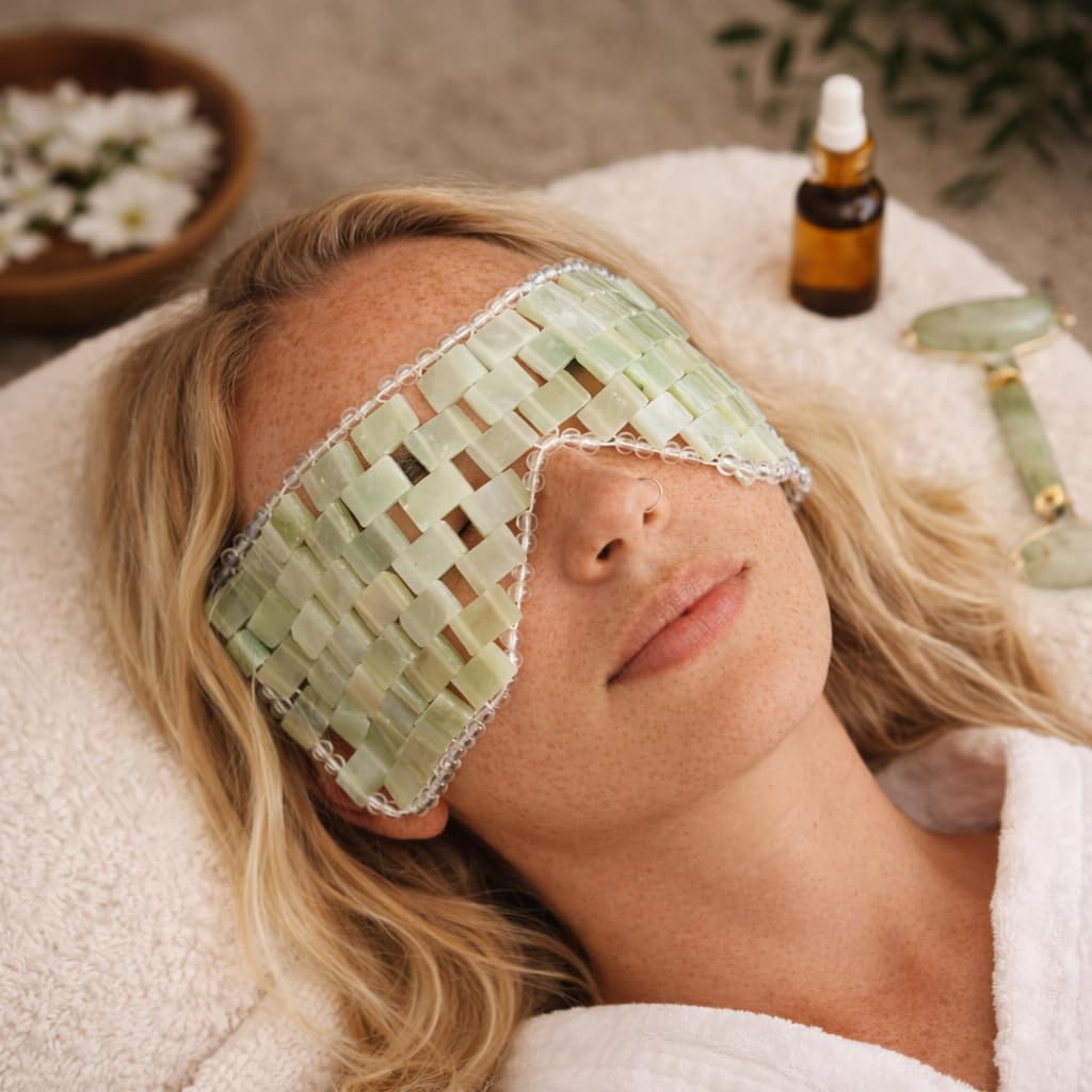 Boho Aromatic Lunar Jade Eye Mask Cooling Crystal Eye Mask for Puffiness & Dark Circles | Natural Jade Stone Eye Therapy | Spa Facial Relaxation | Reusable Self Care Beauty Tool