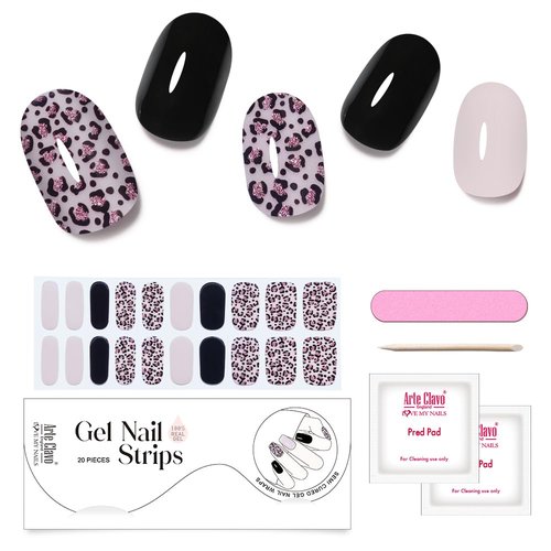 Arte Clavo Semi Cured Gel Nail Strips, 20 Pcs Gel Nail Stickers with UV Light Required, Salon Quality, Long Lasting, Easy Apply and Remove (Pink Leopard)