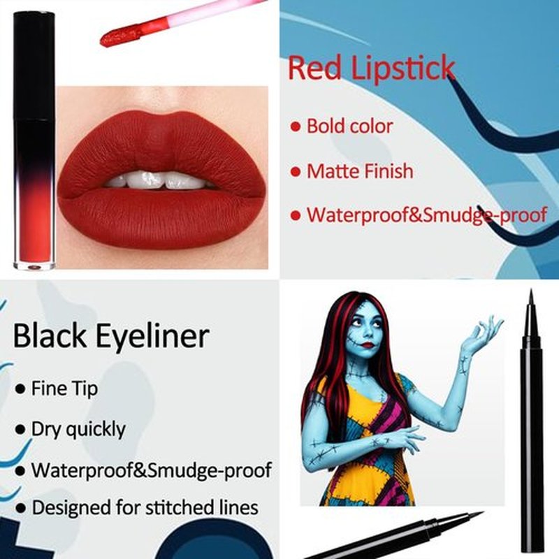 Mysense Sally Makeup Kit,Halloween Sally Costume Corpse Bride Makeup,Sally Face Cosplay Accessories for Women,Light Blue Face Paint+Red Lipstick+Black Liquid Eyeliner+Sponges