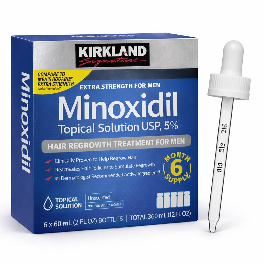 Kirkland Signature Hair Regrowth Treatment Extra Strength for Men, 5% Minoxidil Topical Solution, 2 fl oz, 6-pack