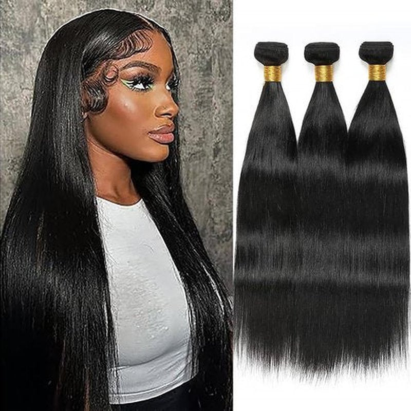Straight Human Hair Bundles Color #1B Natural Black 14 16 18 Inch 3 Bundles Human Hair Straight Weave Unprocessed Virgin Hair Extensions 50 Gram Per Bundle