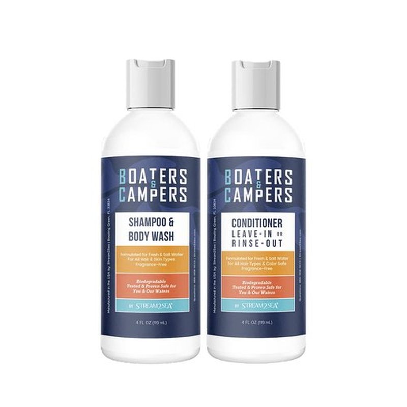 STREAM 2 SEA Boaters and Campers Hair Shampoo and Conditioner Set, 4 oz Reef Safe Fragrance Free All Natural Shampoo and Conditioner For Camping, Hiking and Boating, Paraben Free Hair Care