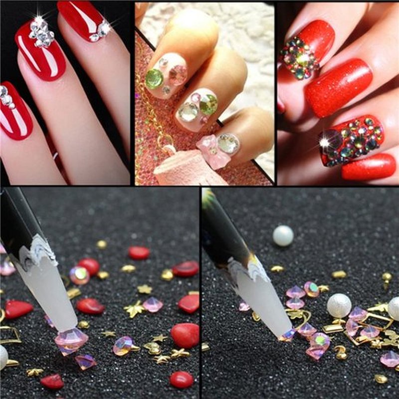 JERCLITY 10 Pieces White Refill Rhinestone Picker Pencil Set Self Adhesive Nail Dotting Wax Pen with 5 Piece Triangular Beads Sorting Tray for Nail Art DIY Decoration