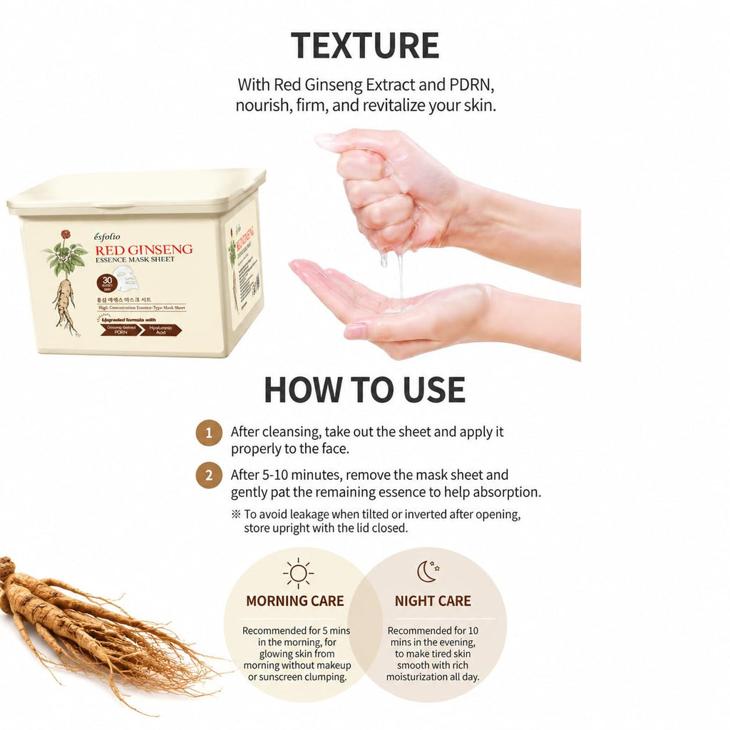 esfolio Made in Korea 30 Sheets Pure Skin Facial Mask – Red Ginseng Essence Hydrating Face Mask for Smooth, Soft, Firm, and Supple Looking Skin – Korean Daily Sheet Mask Skincare Pack