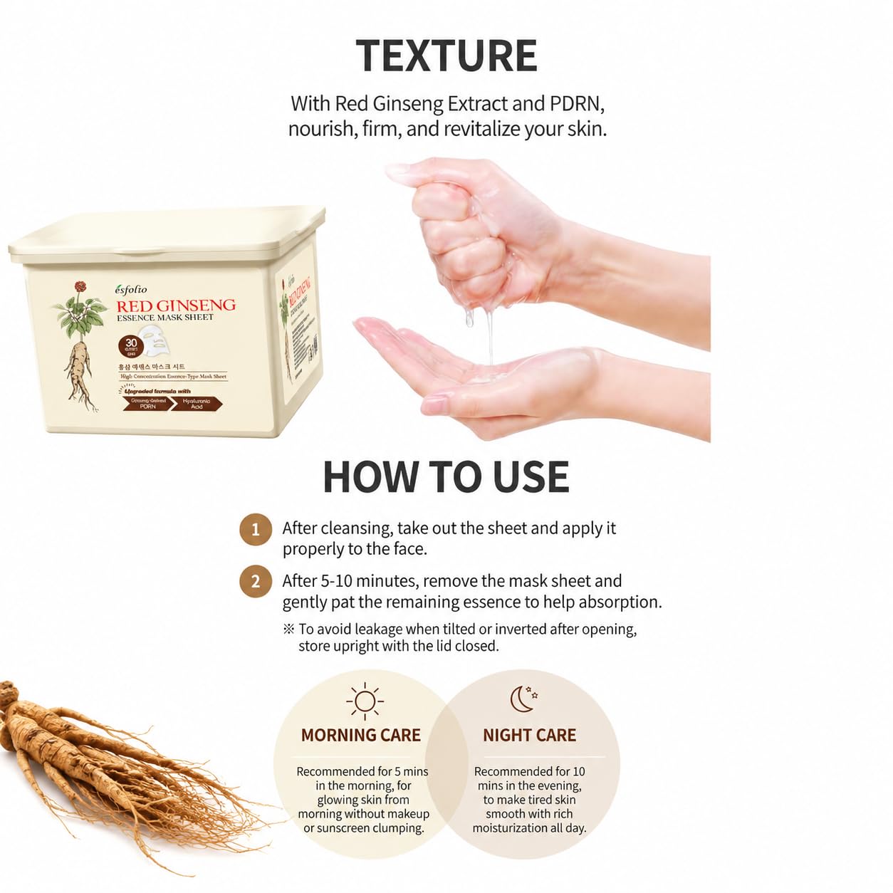 esfolio Made in Korea 30 Sheets Pure Skin Facial Mask – Red Ginseng Essence Hydrating Face Mask for Smooth, Soft, Firm, and Supple Looking Skin – Korean Daily Sheet Mask Skincare Pack