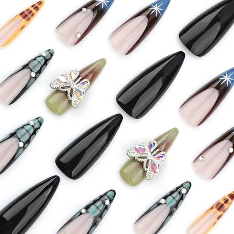 Long Press on Nails French Tip Fake Nails Stiletto False Nails Ombre with Rhinestone Butterfly Design Glue on Nails Glossy Acrylic Artificial Nail for Women 24 Pcs