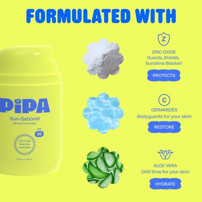 Pipa Sun-Sational 100% Mineral Daily Sunscreen SPF 30, 50 ml | Liquid Everyday Face Lotion with Zinc Oxide | Unscented & Gentle for Sensitive Skin | Kids & Tweens Skin Care