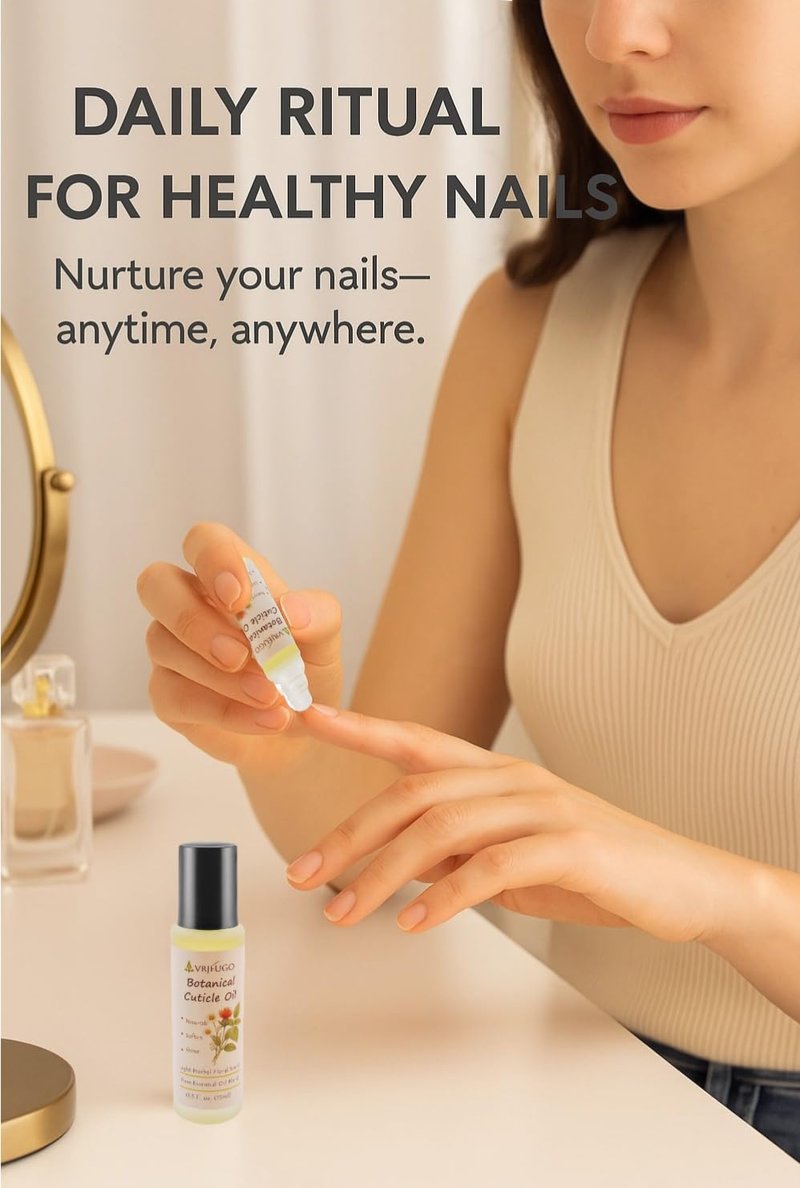 VRJEUGO Cuticle Oil Roll-On for Nails & Cuticles – 100% Natural Nourishing Formula with Chamomile, Lavender & Lemon Balm – Moisturizes Dry Skin, Strengthens Nails – Mess-Free, Fast-Absorbing – 15ml
