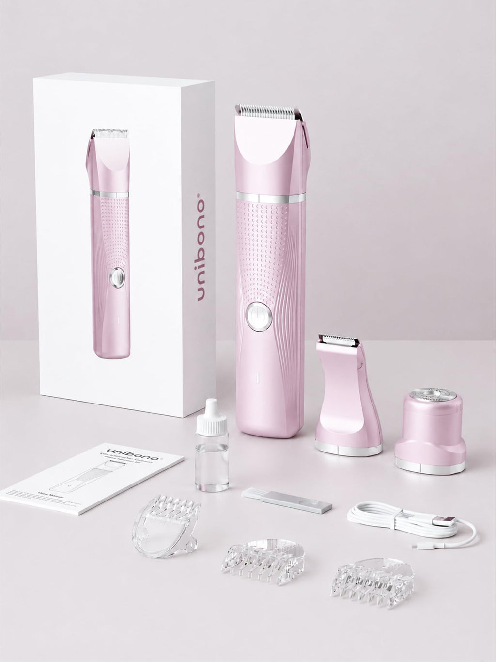 Unibono Pubic Hair Trimmer Women - Waterproof Bikini Trimmer, Rechargeable 3-in-1 Electric Razor, Personal Trimmer Groomer for Body Hair, Cordless Lady Shaver for Legs, Underarms, Face (Cold Pink)